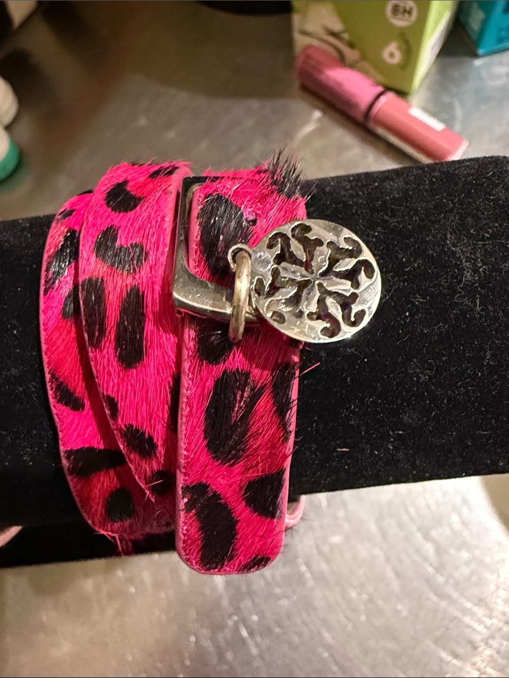 Rustic Cuff Hot Pink and Black Leopard Wrap Bracelet with Silver Charm